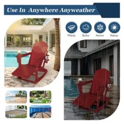 Adirondack Plastic HDPE Folding Outdoor Rocking Chair With Retractable Ottoman And Cup Holder For Porches In Dark Red -Jearey jearey outdoor rocking chairs dgnyy dark red 31 1000