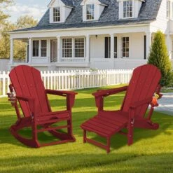 Adirondack Plastic HDPE Folding Outdoor Rocking Chair With Retractable Ottoman And Cup Holder For Porches In Dark Red -Jearey jearey outdoor rocking chairs dgnyy dark red 40 1000