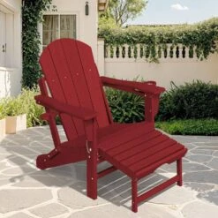 Adirondack Plastic HDPE Folding Outdoor Rocking Chair With Retractable Ottoman And Cup Holder For Porches In Dark Red -Jearey jearey outdoor rocking chairs dgnyy dark red 4f 1000