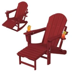 Adirondack Plastic HDPE Folding Outdoor Rocking Chair With Retractable Ottoman And Cup Holder For Porches In Dark Red -Jearey jearey outdoor rocking chairs dgnyy dark red c3 1000