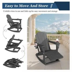 Adirondack Plastic HDPE Folding Outdoor Rocking Chair With Retractable Ottoman And Cup Holder For Patios In Gray -Jearey jearey outdoor rocking chairs dgnyy dr 31 1000