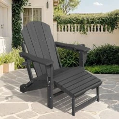 Adirondack Plastic HDPE Folding Outdoor Rocking Chair With Retractable Ottoman And Cup Holder For Patios In Gray -Jearey jearey outdoor rocking chairs dgnyy dr 4f 1000