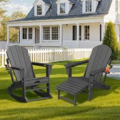Adirondack Plastic HDPE Folding Outdoor Rocking Chair With Retractable Ottoman And Cup Holder For Patios In Gray -Jearey jearey outdoor rocking chairs dgnyy dr c3 1000
