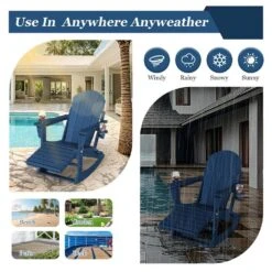 Adirondack Plastic HDPE Folding Outdoor Rocking Chair With Retractable Ottoman And Cup Holder For Porches Patios In Navy -Jearey jearey outdoor rocking chairs dgnyy navy 31 1000