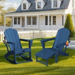 Adirondack Plastic HDPE Folding Outdoor Rocking Chair With Retractable Ottoman And Cup Holder For Porches Patios In Navy -Jearey jearey outdoor rocking chairs dgnyy navy 40 1000