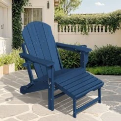 Adirondack Plastic HDPE Folding Outdoor Rocking Chair With Retractable Ottoman And Cup Holder For Porches Patios In Navy -Jearey jearey outdoor rocking chairs dgnyy navy 4f 1000