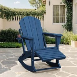 Adirondack Plastic HDPE Folding Outdoor Rocking Chair With Retractable Ottoman And Cup Holder For Porches Patios In Navy
