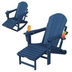 Adirondack Plastic HDPE Folding Outdoor Rocking Chair With Retractable Ottoman And Cup Holder For Porches Patios In Navy -Jearey jearey outdoor rocking chairs dgnyy navy 76 1000
