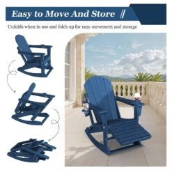 Adirondack Plastic HDPE Folding Outdoor Rocking Chair With Retractable Ottoman And Cup Holder For Porches Patios In Navy -Jearey jearey outdoor rocking chairs dgnyy navy fa 1000