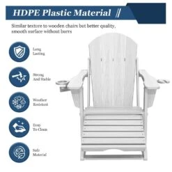 Adirondack Plastic HDPE Folding Outdoor Rocking Chair With Retractable Ottoman And Cup Holder For Patios In White -Jearey jearey outdoor rocking chairs dgnyy white 1f 1000