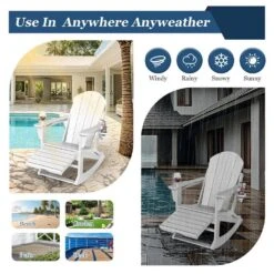 Adirondack Plastic HDPE Folding Outdoor Rocking Chair With Retractable Ottoman And Cup Holder For Patios In White -Jearey jearey outdoor rocking chairs dgnyy white 31 1000