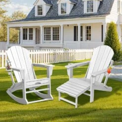 Adirondack Plastic HDPE Folding Outdoor Rocking Chair With Retractable Ottoman And Cup Holder For Patios In White -Jearey jearey outdoor rocking chairs dgnyy white 40 1000