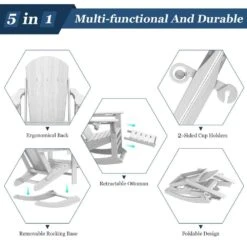 Adirondack Plastic HDPE Folding Outdoor Rocking Chair With Retractable Ottoman And Cup Holder For Patios In White -Jearey jearey outdoor rocking chairs dgnyy white 44 1000