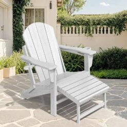 Adirondack Plastic HDPE Folding Outdoor Rocking Chair With Retractable Ottoman And Cup Holder For Patios In White -Jearey jearey outdoor rocking chairs dgnyy white 4f 1000