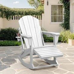 Adirondack Plastic HDPE Folding Outdoor Rocking Chair With Retractable Ottoman And Cup Holder For Patios In White