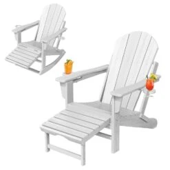 Adirondack Plastic HDPE Folding Outdoor Rocking Chair With Retractable Ottoman And Cup Holder For Patios In White -Jearey jearey outdoor rocking chairs dgnyy white c3 1000