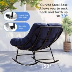 Metal Outdoor Rocking Chair With Navy Padded Cushion And Ottoman Foot Rest For Balcony -Jearey jearey outdoor rocking chairs nhw navy 1f 1000
