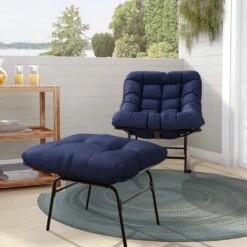 Metal Outdoor Rocking Chair With Navy Padded Cushion And Ottoman Foot Rest For Balcony -Jearey jearey outdoor rocking chairs nhw navy 31 1000