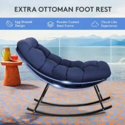 Metal Outdoor Rocking Chair With Navy Padded Cushion And Ottoman Foot Rest For Balcony -Jearey jearey outdoor rocking chairs nhw navy 4f 1000