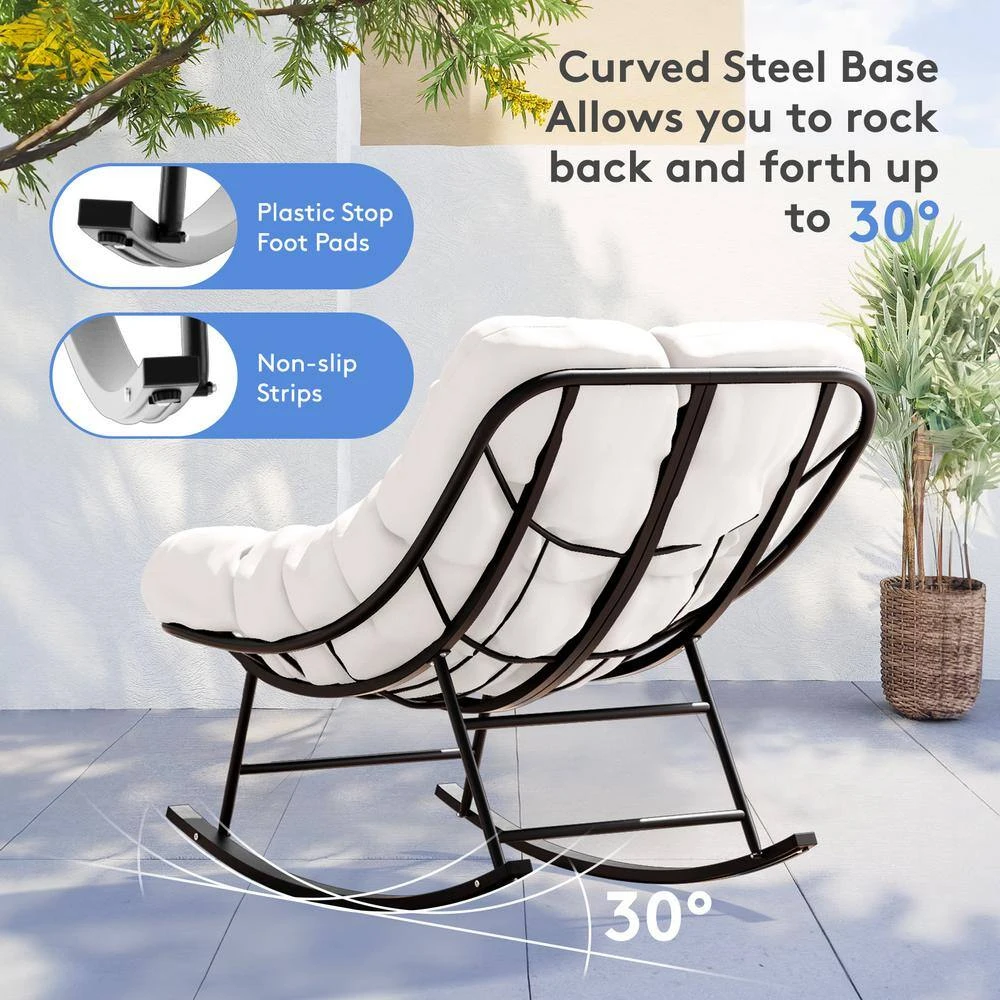 Metal Outdoor Rocking Chair With White Padded Cushion And Ottoman Foot Rest For Balcony 5 Metal Outdoor Rocking Chair With White Padded Cushion And Ottoman Foot Rest For Balcony - Image 5