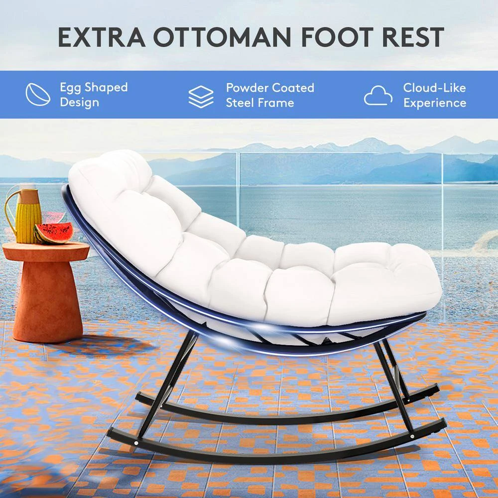 Metal Outdoor Rocking Chair With White Padded Cushion And Ottoman Foot Rest For Balcony 4 Metal Outdoor Rocking Chair With White Padded Cushion And Ottoman Foot Rest For Balcony - Image 4