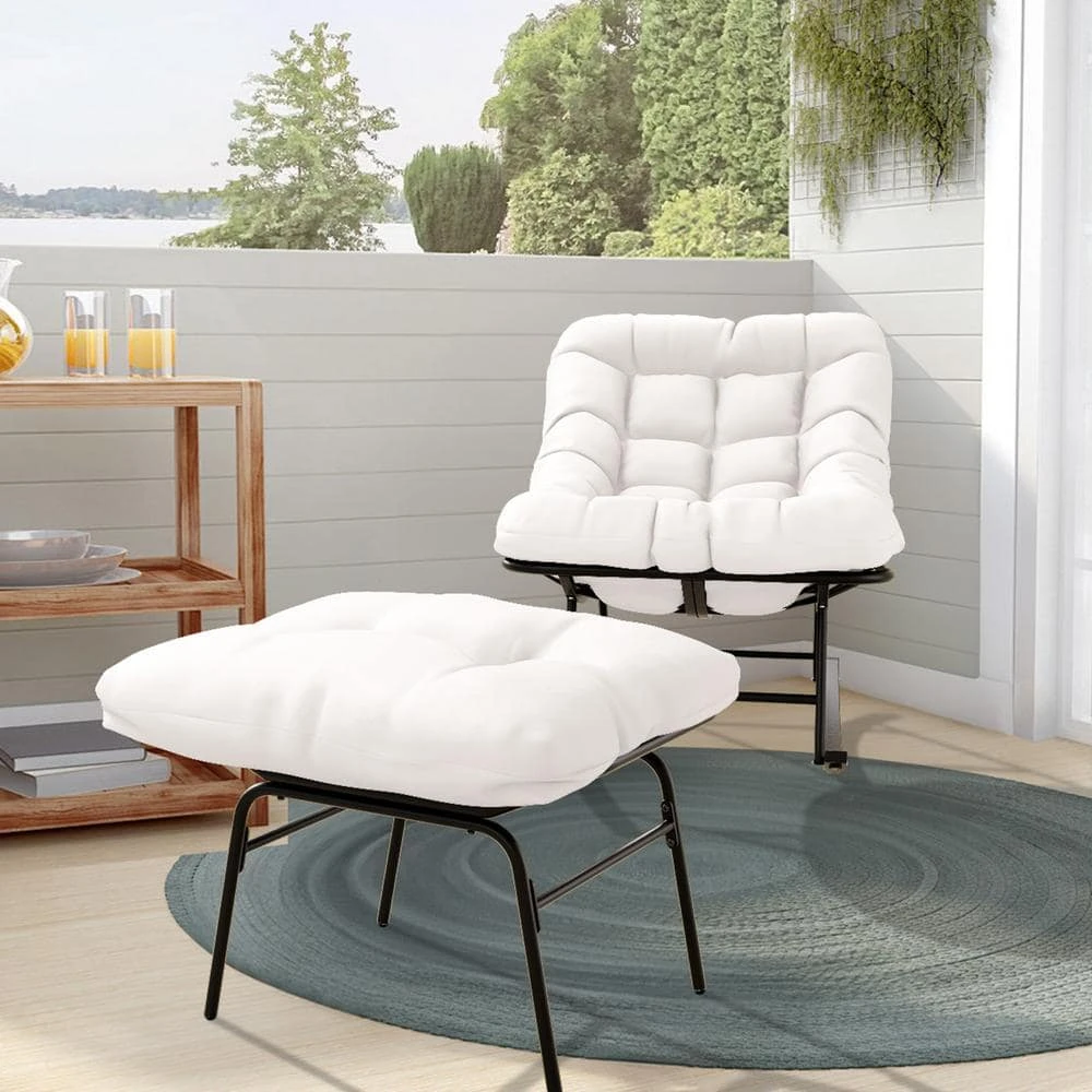 Metal Outdoor Rocking Chair With White Padded Cushion And Ottoman Foot Rest For Balcony 1 Metal Outdoor Rocking Chair With White Padded Cushion And Ottoman Foot Rest For Balcony