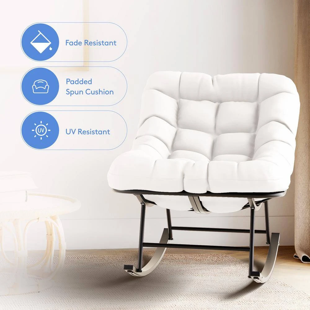 Metal Outdoor Rocking Chair With White Padded Cushion And Ottoman Foot Rest For Balcony 3 Metal Outdoor Rocking Chair With White Padded Cushion And Ottoman Foot Rest For Balcony - Image 3