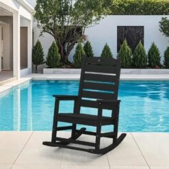 Black HDPE Plastic Outdoor Patio Rocking Chair With Footrest -Jearey jearey outdoor rocking chairs tjyy5 black 31 1000