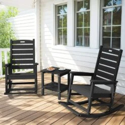 Black HDPE Plastic Outdoor Patio Rocking Chair With Footrest -Jearey jearey outdoor rocking chairs tjyy5 black 4f 1000