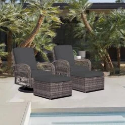 4-Piece Grey Patio Wicker Bistro Furniture Set With 2 Cushioned Swivel Outdoor Rocking Chair With Cushion And 2 Ottomans