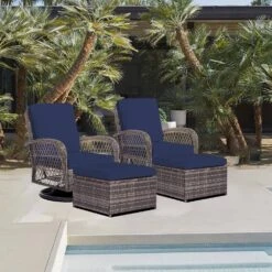 4-Piece Navy Patio Wicker Bistro Furniture Set With 2 Cushioned Swivel Outdoor Rocking Chair With Cushion And 2 Ottomans
