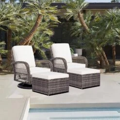 4-Piece White Patio Wicker Bistro Furniture Set With Swivel Outdoor Rocking Chair With Cushion And 2 Ottomans