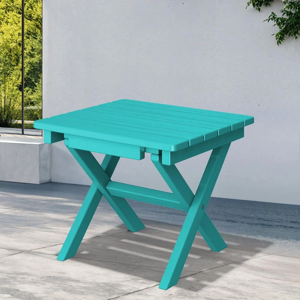 Peacock Blue HDPE Plastic Portable Patio End Table Folding Outdoor Coffee Table (Set Of 2) 3 Peacock Blue HDPE Plastic Portable Patio End Table Folding Outdoor Coffee Table (Set Of 2) - Image 3