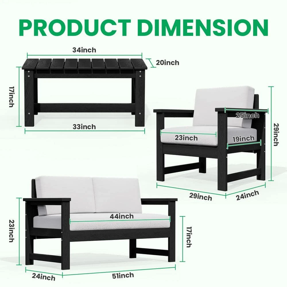 Black 4-Piece HDPE Plastic Patio Conversation Set With Beige Cushions 4 Black 4-Piece HDPE Plastic Patio Conversation Set With Beige Cushions - Image 4