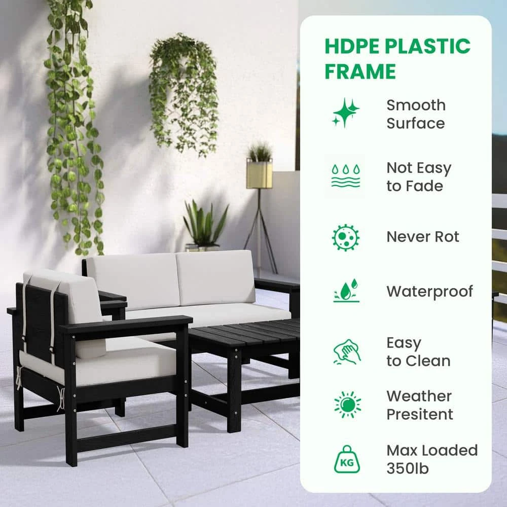 Black 4-Piece HDPE Plastic Patio Conversation Set With Beige Cushions 9 Black 4-Piece HDPE Plastic Patio Conversation Set With Beige Cushions - Image 9