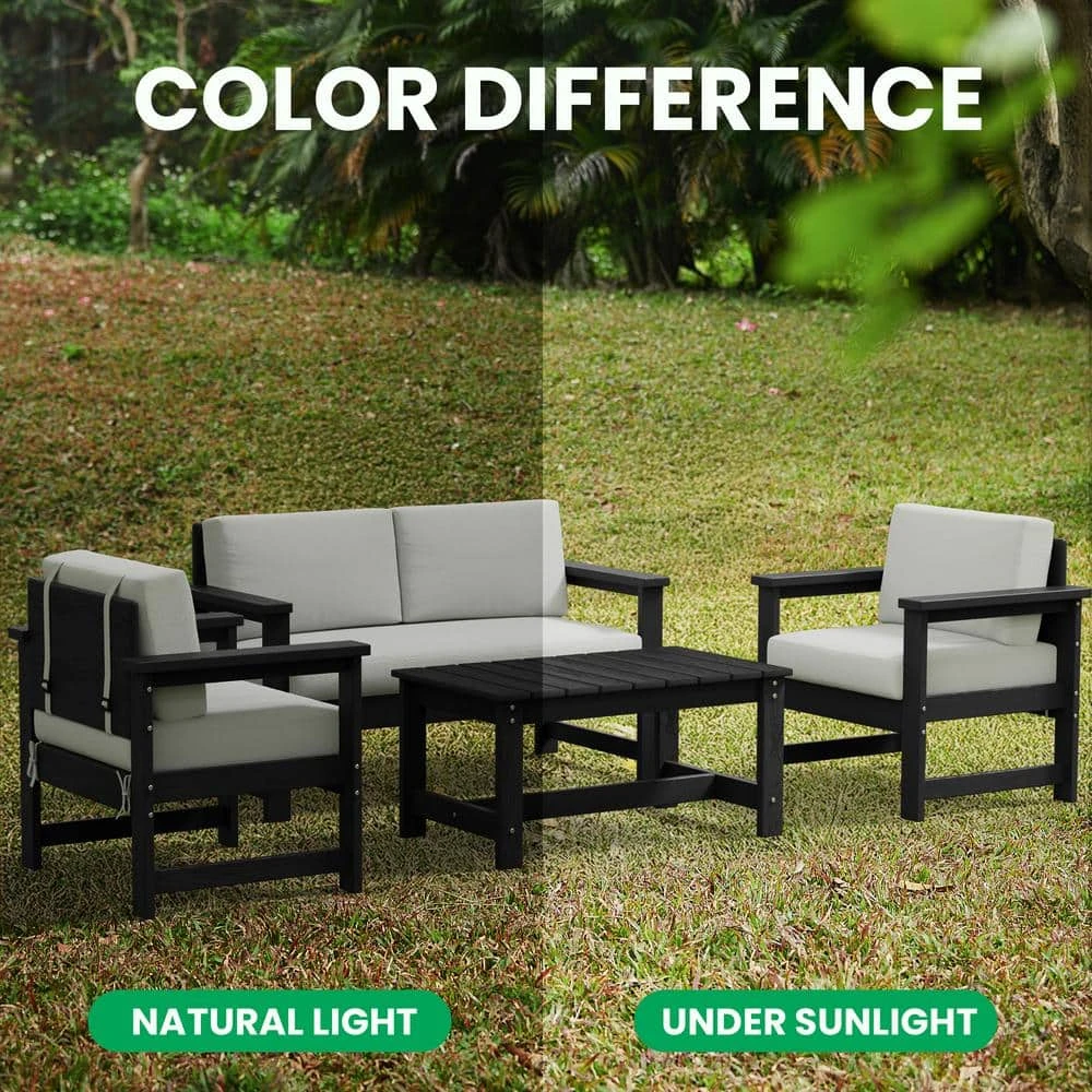 Black 4-Piece HDPE Plastic Patio Conversation Set With Beige Cushions 13 Black 4-Piece HDPE Plastic Patio Conversation Set With Beige Cushions - Image 13