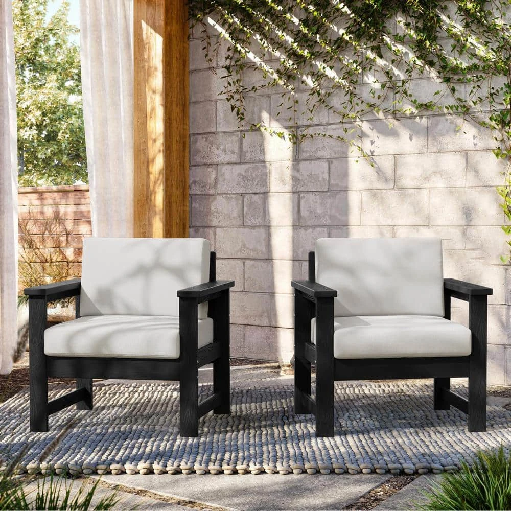 Black 4-Piece HDPE Plastic Patio Conversation Set With Beige Cushions 8 Black 4-Piece HDPE Plastic Patio Conversation Set With Beige Cushions - Image 8
