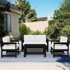 Black 4-Piece HDPE Plastic Patio Conversation Set With Beige Cushions