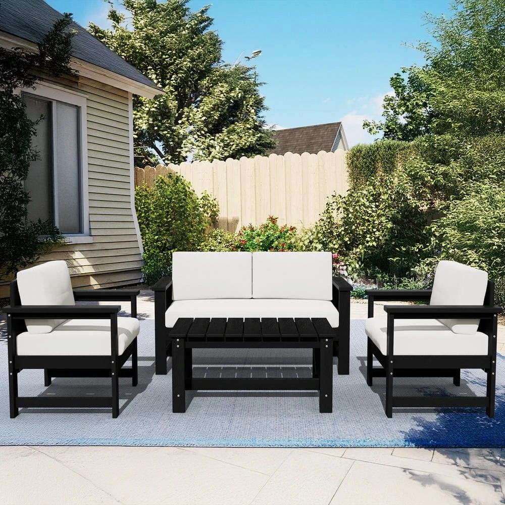 Black 4-Piece HDPE Plastic Patio Conversation Set With Beige Cushions 1 Black 4-Piece HDPE Plastic Patio Conversation Set With Beige Cushions