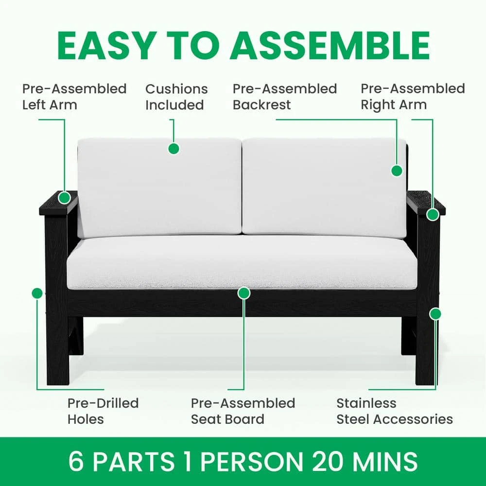 Black 4-Piece HDPE Plastic Patio Conversation Set With Beige Cushions 6 Black 4-Piece HDPE Plastic Patio Conversation Set With Beige Cushions - Image 6