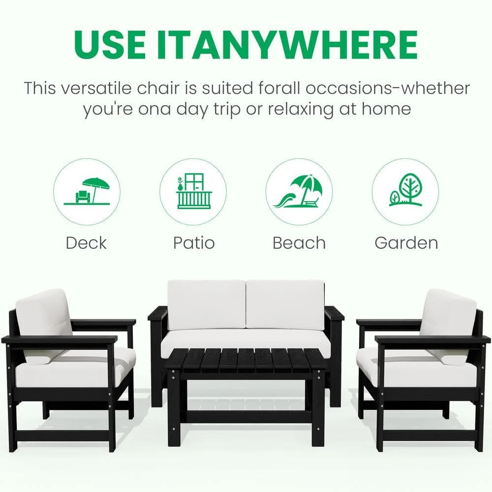 Black 4-Piece HDPE Plastic Patio Conversation Set With Beige Cushions 11 Black 4-Piece HDPE Plastic Patio Conversation Set With Beige Cushions - Image 11