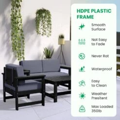 Black 4-Piece HDPE Plastic Patio Conversation Set With Grey Cushions -Jearey jearey patio conversation sets 4cvst blgr 1f 1000