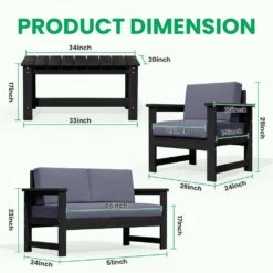 Black 4-Piece HDPE Plastic Patio Conversation Set With Grey Cushions -Jearey jearey patio conversation sets 4cvst blgr 31 1000