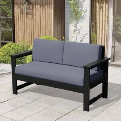 Black 4-Piece HDPE Plastic Patio Conversation Set With Grey Cushions -Jearey jearey patio conversation sets 4cvst blgr 4f 1000