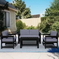 Black 4-Piece HDPE Plastic Patio Conversation Set With Grey Cushions
