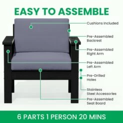 Black 4-Piece HDPE Plastic Patio Conversation Set With Grey Cushions -Jearey jearey patio conversation sets 4cvst blgr 66 1000