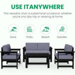 Black 4-Piece HDPE Plastic Patio Conversation Set With Grey Cushions -Jearey jearey patio conversation sets 4cvst blgr 76 1000