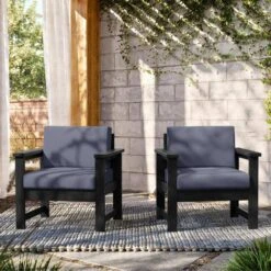 Black 4-Piece HDPE Plastic Patio Conversation Set With Grey Cushions -Jearey jearey patio conversation sets 4cvst blgr c3 1000