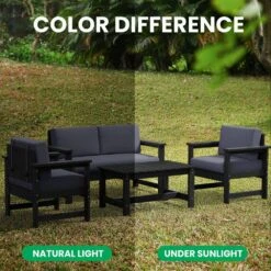 Black 4-Piece HDPE Plastic Patio Conversation Set With Grey Cushions -Jearey jearey patio conversation sets 4cvst blgr fa 1000