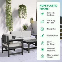 Grey 4-Piece HDPE Plastic Patio Conversation Set With Beige Cushions -Jearey jearey patio conversation sets 4cvst grbg 1f 1000